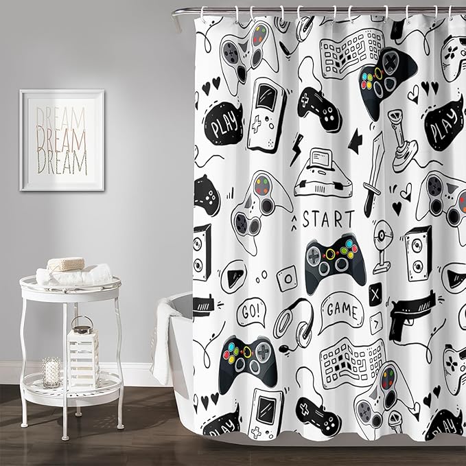AILONEN Gamer Shower Curtain for Boys 72" W*72" H Black Gaming Video Game Bathroom Curtain,Teen Boys Bath Curtain Polyester Waterproof Retro Game Controller Bathroom Curtain with 12 Hooks