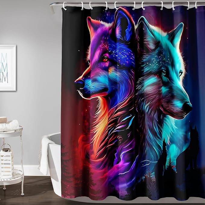 AILONEN Wolf Shower Curtain,Evening Howling Wolf Bath Curtain for Bathroom Decor,Wildlife Shower Curtain for Teens,Polyester Waterproof with 12 Plastic Hooks 60" W*72" H