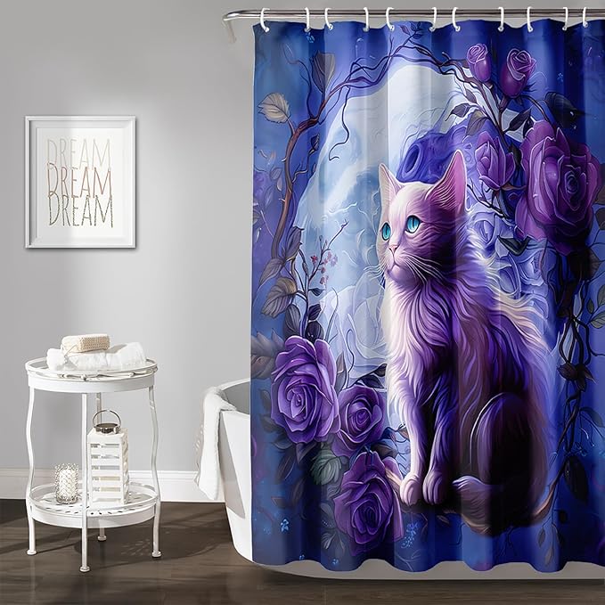 AILONEN 3D Cute Cat Shower Curtain Set, Purple Oil Rose Waterproof Fabric Shower Curtain for Kids Boys Girls,Cat Lovers Animal Design Shower Curtain for Bathroom with Hooks,72" W*96" H