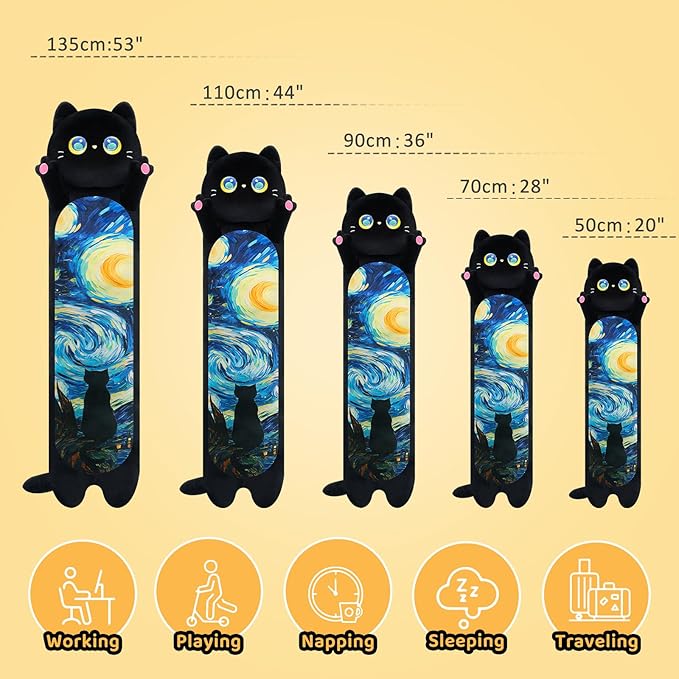 Long Cat Plush Kawaii Kids Plush Toy Pillows, Cute Black Cat Stuffed Animals Soft Plushies, Kitten Big Plush Toys Throw Body Pillow Doll Gift for Girls Boys (Black Starry Cat 53 Inch)