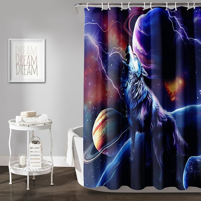 AILONEN Howling Wolf Shower Curtain,Lightning Planet Wolf Bath Curtain for Kids Boys Girls,Wildlife Animal Polyester Waterproof for Shower with 12 Plastic Hooks 72" W*72" H