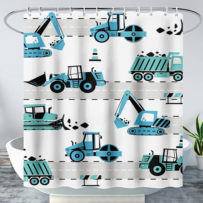 AILONEN Cartoon Kids Truck Shower Curtain,Waterproof Durable,Blue Forklift Truck Excavator Bath Curtain for Boys Girls,Construction Themed Bathroom Decor with 12 Plastic Hooks, 72" W x 72" H