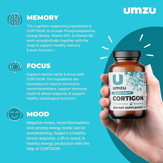 UMZU CORTIGON Cortisol Manager Supplement | Natural Stress Support Complex with Ginkgo Biloba, Phosphatidylserine, B Vitamins | Memory, Focus & Mood Aid (30 Day Supply | 60 Capsules)