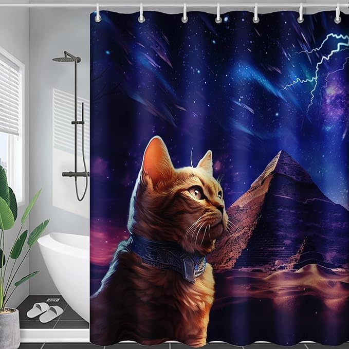 AILONEN Cat Shower Curtain,Blue Galaxy Lightning Pyramid Pet Cat Bath Curtain Gifts for Cat Lover,Polyester Waterproof for Bathroom,60" W*72" H with 12 Plastic Hooks