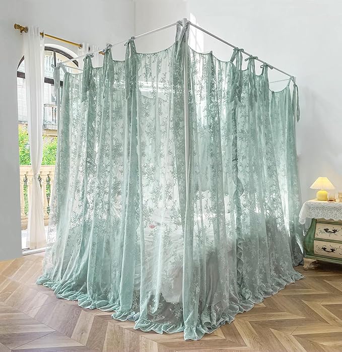 Mengersi Canopy Bed Curtains with Tie Backs,Bed Canopy Curtains Bed Drapes Sheer Lace Curtains for Bedroom Decor(Full,Sage Green