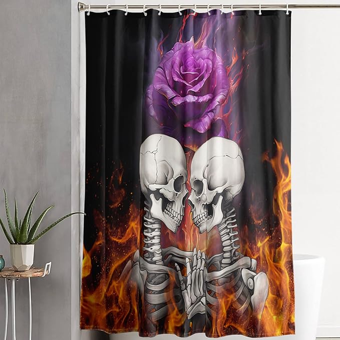 AILONEN Sugar Skull Shower Curtain,Fire Rose with Skeleton Design Shower Curtain Set with Hooks for Boys Girls Teens,Gothic Skull72 W*72" H