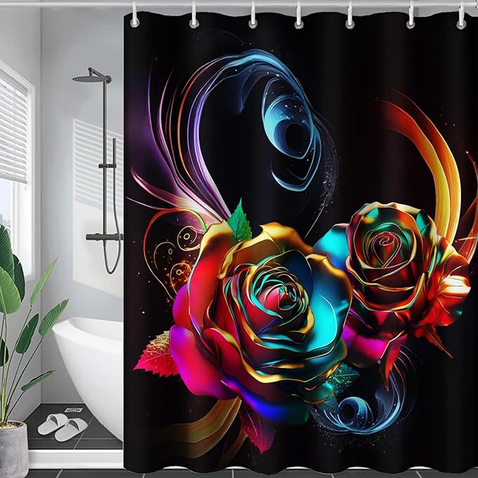 AILONEN Gold Rose Flower Shower Curtain for Kids Girls Teens,Butterfly Rose Flower Bath Curtain for Bathroom Decor,Romantic Polyester Waterproof with 12 Plastic Hooks 72" W*72" H
