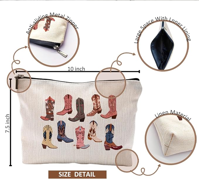 Western Makeup Bag - Cowgirl Gifts, Boho Western Cowboy Boots Makeup Cosmetic Bag for Purse