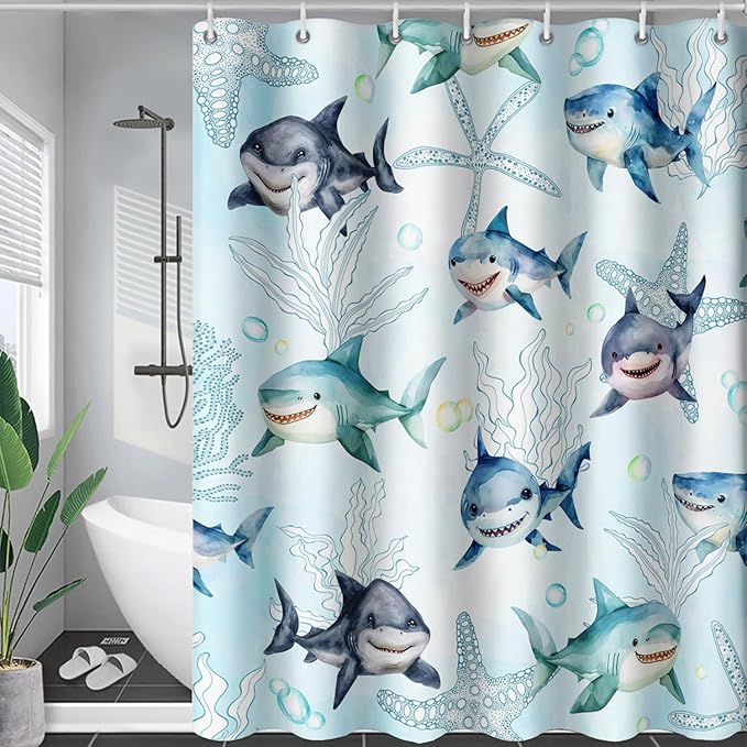 AILONEN Shark Shower Curtain for Bathroom, Cute Shark Bathroom Curtain,Blue Tie Dye Ocean Theme Bath Curtain 36" W*72" H Polyester Waterproof Children Boys Bathroom Curtain with 12 Hooks