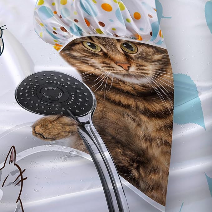 AILONEN Funny Cat with Shower Cap Shower Curtain for Kids 36" W*72" H Inch,Cute Cartoon Animals Bathroom Curtain,12 Pack Hooks Polyester Waterproof Fabric Decor for Bathroom,White