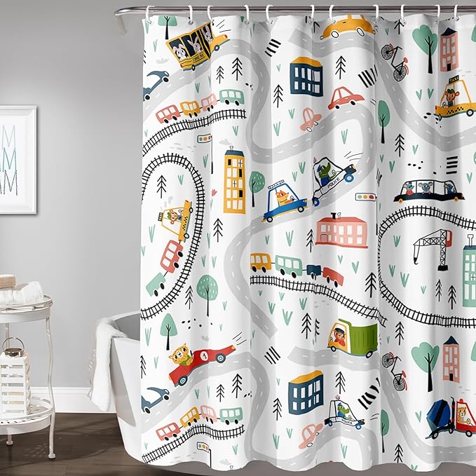 AILONEN Construction Truck Shower Curtain, Kids Cartoon Train Vehicle Tractor Cars Bath Curtain for Boys,White Road Map Bathroom Decor Waterproof Fabric 48" W*72" H Inch with 12 Plastic Hooks