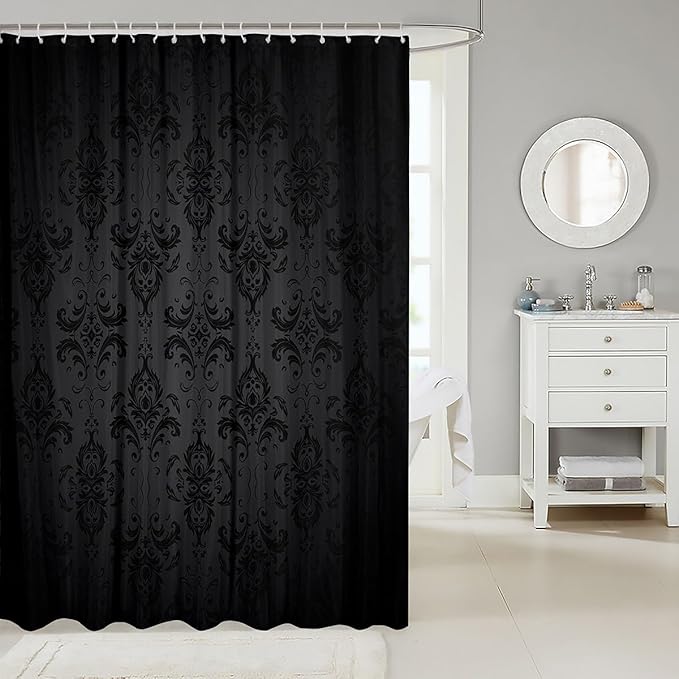 Feelyou Black Damask Shower Curtain 72"x78" Kids Vintage Floral Bathroom Shower Curtain Set for Boys Girls Teens Antique Victorian Baroque Bath Curtain Baroque Style Bathroom Accessories
