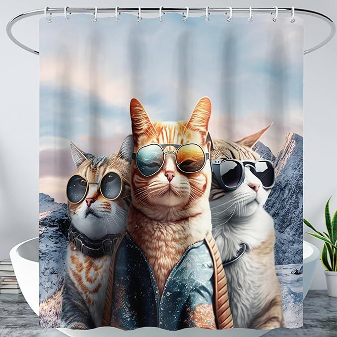 AILONEN 3D Cat Shower Curtain,Cartoon Funny Kitten Shower Curtain Set for Kids Boys Girls,Cat Lovers Animal Shower Curtain with Hooks for Bathroom,72" W*72" H
