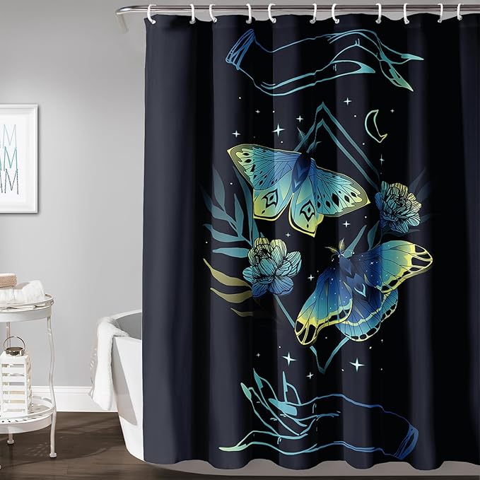 AILONEN Blue Moth Shower Curtain,Flora Death Moth Bath Curtain for Bathroom Decor,Polyester Waterproof with 12 Plastic Hooks 72" W*78" H