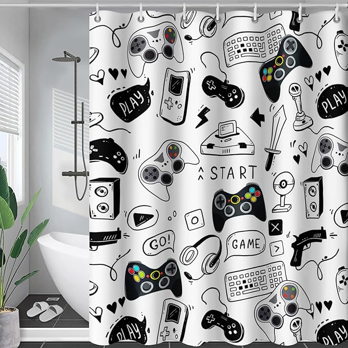 AILONEN Gamer Shower Curtain for Boys 72" W*72" H Black Gaming Video Game Bathroom Curtain,Teen Boys Bath Curtain Polyester Waterproof Retro Game Controller Bathroom Curtain with 12 Hooks