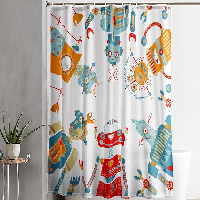 AILONEN Kawaii Robots Shower Curtain,Cartoon Robot Waterproof Fabric Shower Curtain Set for Boys Teens Kids, 72" W*72" H Watercolor Robot Bathroom Decors
