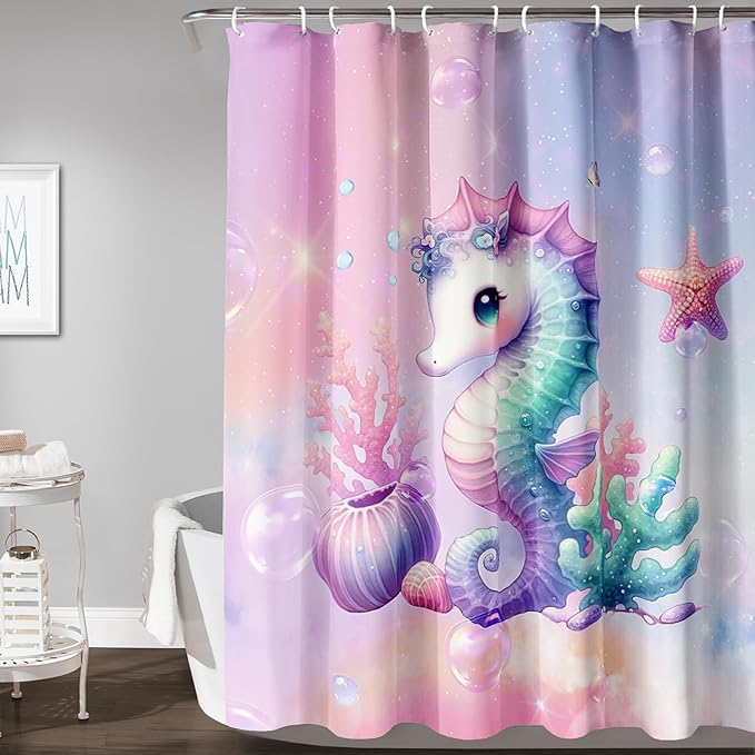 AILONEN Cute Seahorse Shower Curtain for Kids Girls,Rainbow Seahorse Bath Curtain,Ocean Coral Starfish Kawaii Shower Curtain Waterproof for Bathroom Decor with 12 Plastic Hooks, 72" W*96" H