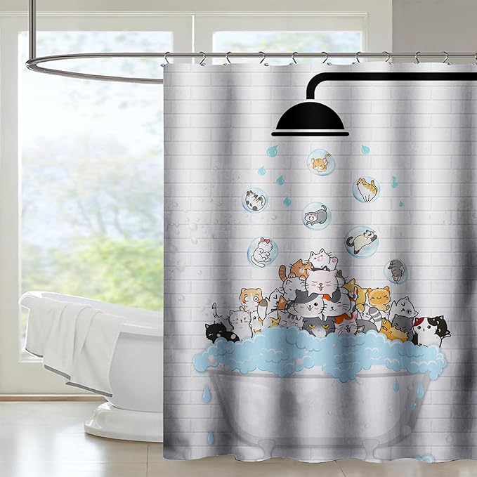 AILONEN Cute Cats Shower Curtain Raining for Kids 72" W*72" H Inch,Kawaii Hilarious Pet Playing Water Shower Curtain,12 Pack Hooks Polyester Waterproof Fabric Decor for Bathroom Bathtub Panels
