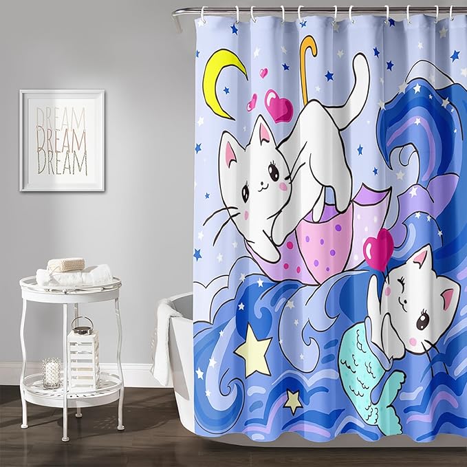 AILONEN Cute Cat Shower Curtain,Kawaii Cartoon Mermaid Kitten Polyester Cloth Bath Curtain Set for Girls Boys,Kittens with Spray Waterproof Shower Curtains for Bathroom, 36" W*72" H Blue