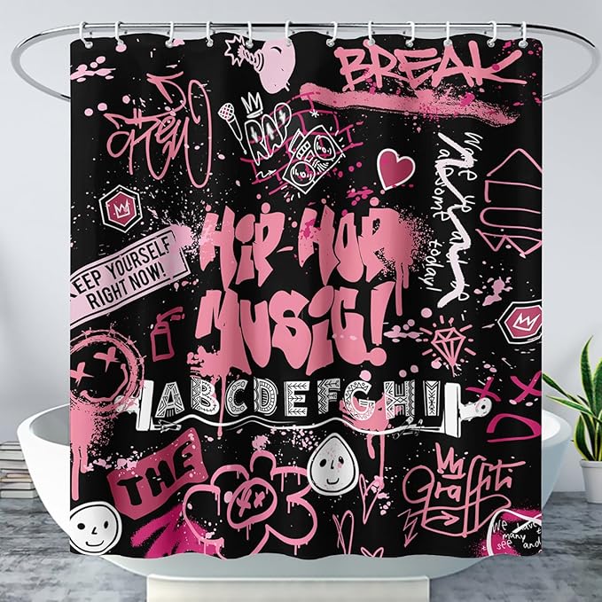 AILONEN Black Pink Graffiti Shower Curtains for Teens Girls,Hip-Hop Music Bath Shower for Bathroom,Polyester Waterproof with 12 Hooks,36" W*72" H Black Pink
