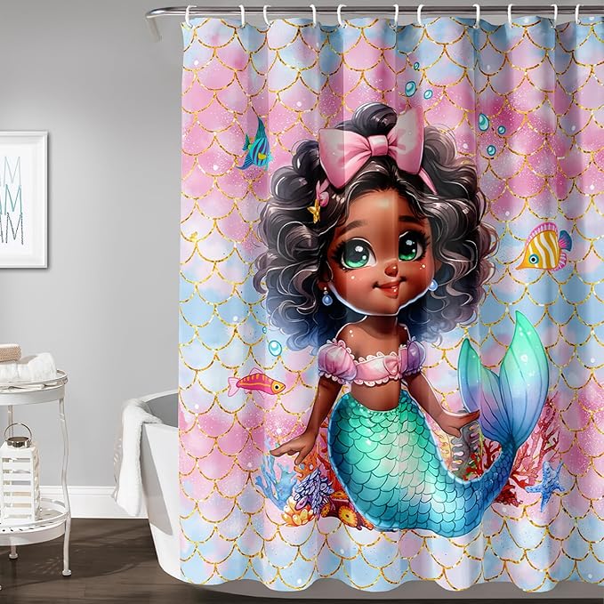 AILONEN Mermaid Shower Curtain,Cute Black Girls Mermaid Bath Curtain for Kids Girls,Ocean Fish Pink Mermaid Scale Print Shower Curtain for Bathroom Decor Waterproof with 12 Plastic Hooks, 72" W*78" H