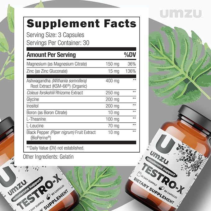 UMZU Testro-X Testosterone Supplement for Men | Support Energy, Strength, Stamina & Healthy T Levels (30 Day Supply | 90 Capsules)