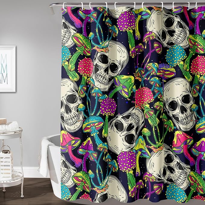 AILONEN Skull Shower Curtain for Bathroom,Mushroom Skull Bath Curtain Decoration,Fantasy Fungus Skeleton Print Waterproof Black Curtain with 12 Plastic Hooks, 60" W*72" H