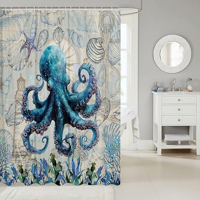 Feelyou Octopus Fabric Shower Curtain Sea Themed Shower Curtain for Kids Boys Girls Shells and Corals Bathroom Waterproof Accessories with 12 Hooks Blue and Brown Curtains,72X84 Inches