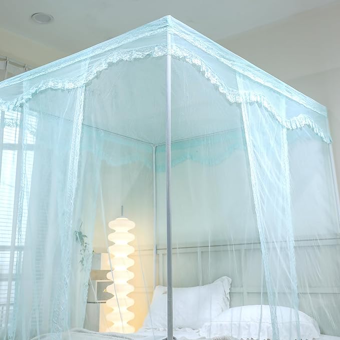 Bed Canopy, Princess Bed Curtain Net for Girls & Adults,Three-Doors Rectangle Lace Dome Netting (Green, Queen)