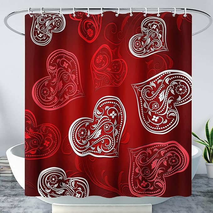 AILONEN Heart Love Shower Curtain for Bathroom, Red and White Floral Hearts Print Bath Curtain,Minimalism Hearts Decoration Shower Curtain Waterproof with 12 Plastic Hooks, 72" W*78" H