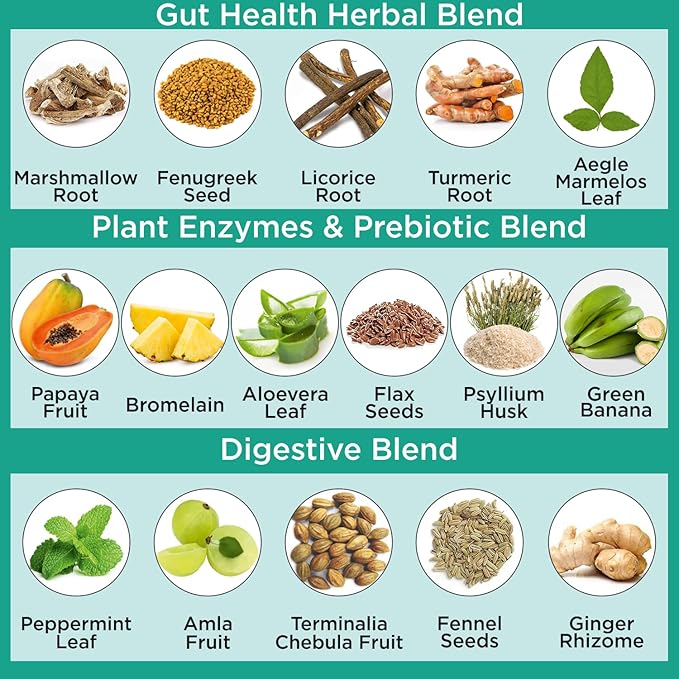 Organic Veda Gut Health Supplement - Leaky Gut Repair Capsules with Papaya Digestive Enzymes, Prebiotics, L-Glutamine, Turmeric - Support Bowel Movement & Cleanse Colon - 120 Count