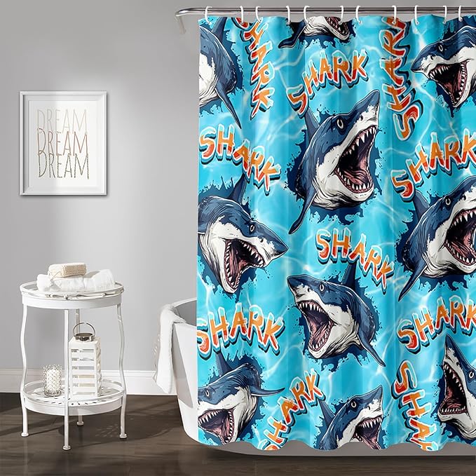 AILONEN Blue Shark Shower Curtain,Scream Shark Bath Curtain Gifts for Kids,Ocean Animal Polyester Waterproof with 12 Plastic Hooks, 36" W*72" H Blue