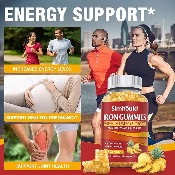1 Pack Vegan 80MG Iron Supplement Gummies for Women & Men - Vitamin A, C, B for Adults & Kids - Blood Builder & Energy Support for Iron Deficiency, Anemia - 60 Counts Pineapple Flavor Gummies