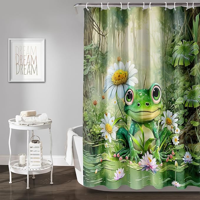 AILONEN Cartoon Frog Shower Curtain,Green Frog with Daisy Bath Curtain Set for Kids Boys Girls,Tropical Amphibian Waterproof Fabric Shower Curtain,Nature Shower Curtain for Bathroom,48" W*72" H