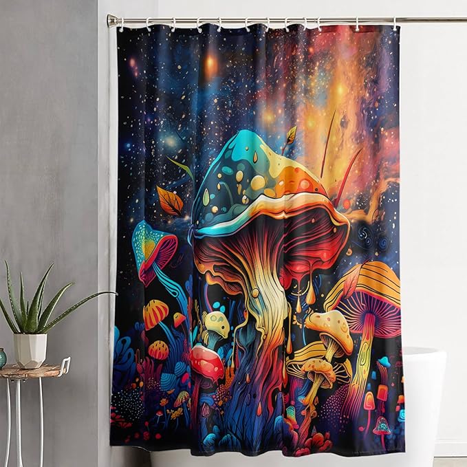 AILONEN Cartoon Magic Mushroom Shower Curtain,Funny Mushroom Waterproof Fabric Shower Curtain Set for Kids Girls,Boho Natural Plants Starry Night Shower Curtain with Hooks for Bathroom, 72" W*96" H