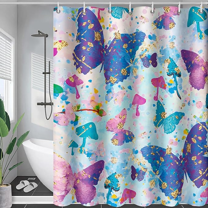 AILONEN Butterfly Shower Curtain for Bathroom, Blue Pink Tie Dye Butterfly Bath Curtain,Women Girls Bathroom Curtain,72" W*96" H Polyester Waterproof with 12 Plastic Hooks