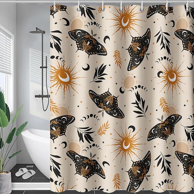 AILONEN Moth Shower Curtain,Sun and Moon Death Moth Bath Curtain for Bathroom Decor,Polyester Waterproof with 12 Plastic Hooks 72" W*78" H