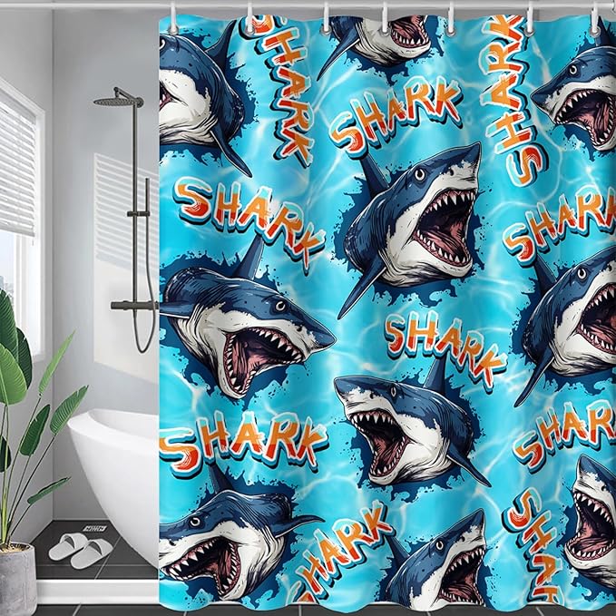 AILONEN Blue Shark Shower Curtain,Scream Shark Bath Curtain Gifts for Kids,Ocean Animal Polyester Waterproof with 12 Plastic Hooks, 72" W*72" H Blue