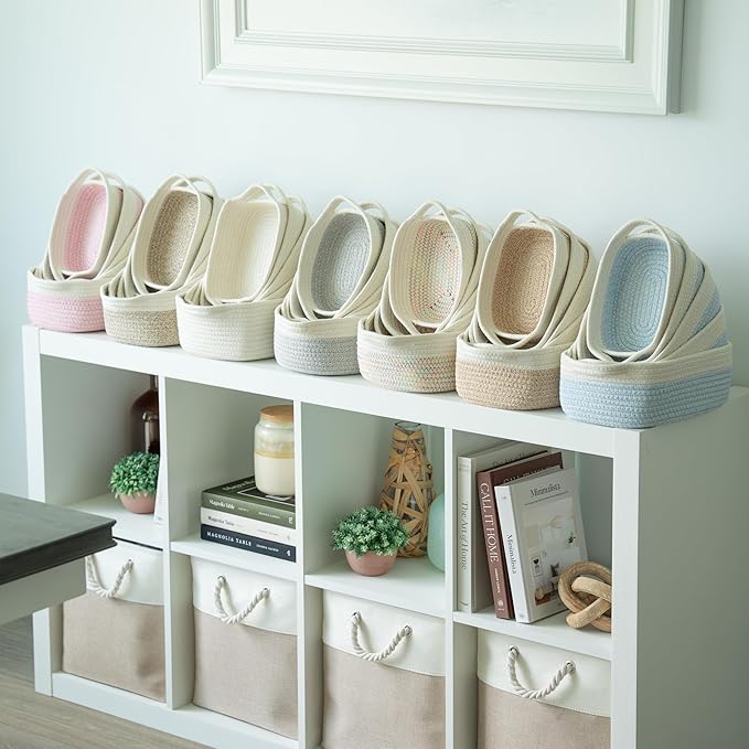 OrganiHaus Set of 5 Rectangle Bathroom Storage Baskets for Organizing, Small Woven Baskets for Storage Basket for Bathroom, Nursery Storage Basket for Baby Nursery Organization, Cute Bins, Rainbow