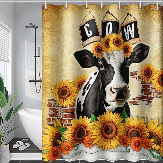 AILONEN Cow Shower Curtains for Kids Boys Girls,Farm Sunflower Cow Bath Curtains for Bathroom Decor,72" W*78" H Polyester Waterproof with 12 Plastic Hooks