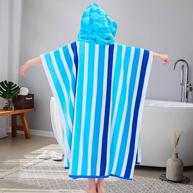 VOOVA & MOVAS Hooded Poncho Towels for Boys| Girls | Teenagers (8-16Years), 100% Cotton Absorbent Poncho Towel Robe for Kids, Perfect for Pool, Beach, Swim,Bath, Blue Stripe