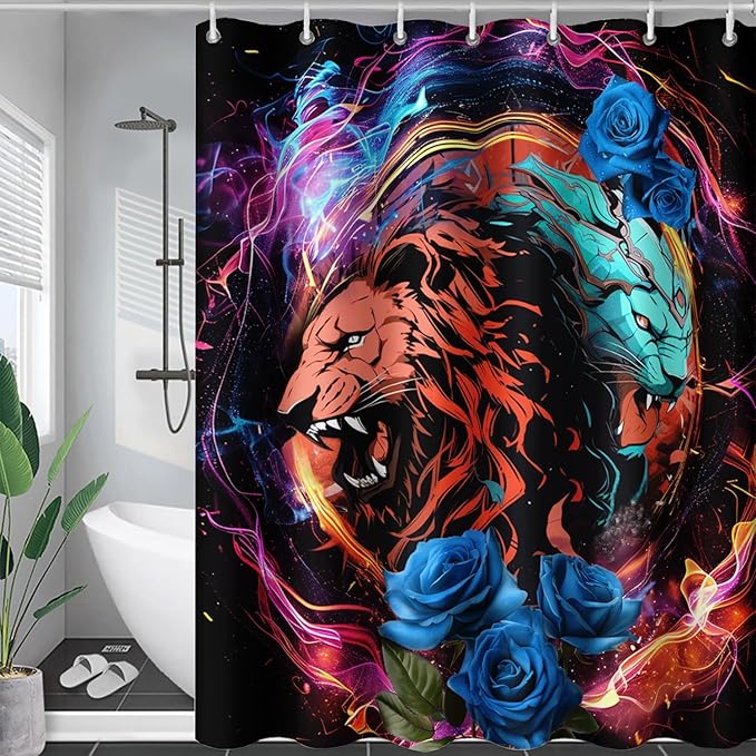 AILONEN Howling Lion Leopard Print Shower Curtain,Cartoon Animal Lion Theme Kids Boys Bath Curtain,Modern Fantasy Colorful Waterproof Decor Shower Curtain, 48" W x 72" H