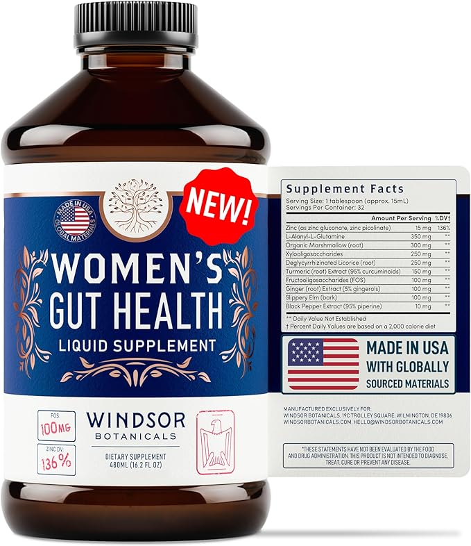 Complete Gut Health Supplements for Women - IBS Relief, Gut Support Liquid with FOS Prebiotic, L Alanyl, L Glutamine and Herbal Blend - Leaky Gut Repair & Gut Cleanse Detox for Women - 16oz (480ml)