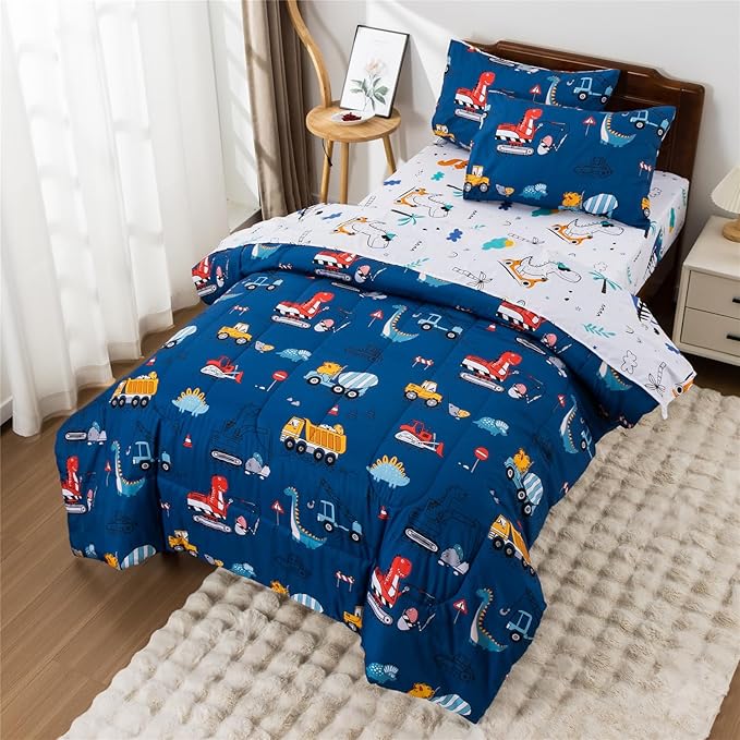 Meeting Story Construction Truck Car Twin Comforter Set for Boys,5 Pieces Dinosaur Bedding Set with Sheets and Pillowcases,Excavator Lightweight Microfiber Bedding Sets(Blue,Twin5pcs)