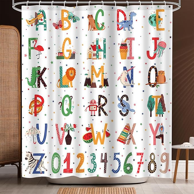 Aperturee Alphabet ABC Learning Shower Curtain for Kids Bathroom Animals Kids ABC Figure Educational Tool Cartoon Animals Girls Boys Colorful Decorative Bath Curtain with 12 Hooks,72x72 Inch