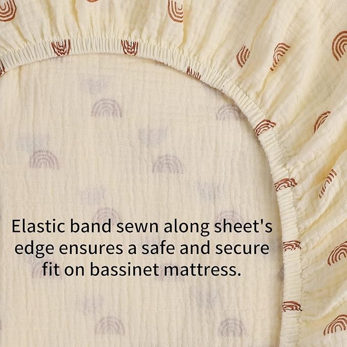 Muslin Bassinet Sheets Compatible with Fisher-Price Portable Bassinet On-The-Go, 2 Pack 100% Cotton 30" x 28" Bassinet Sheets, Natural and Rainbow