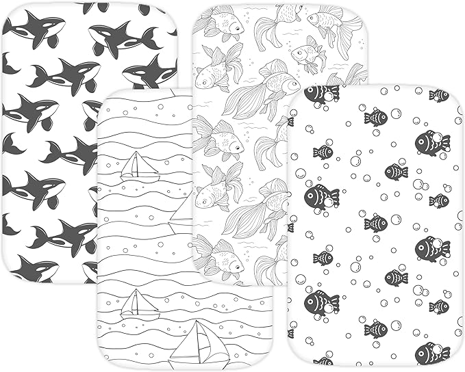 TansyPanda Bassinet Sheets for Mika Micky, Cuddor, Evolur Bedside Sleeper, Pack of 3, 19 x 32 Inch, Ultra Soft, Breathable, and Snug Fit, Unisex Boys and Girls, Gray and White (Ocean Fish Theme)
