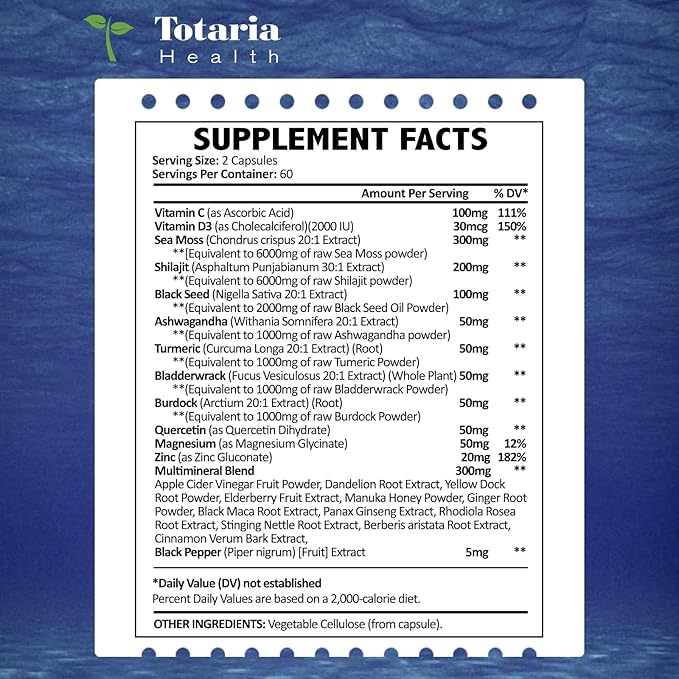 25-in-1 Sea Moss Black Seed Oil Ashwagandha Ginger Shilajit Supplement 18525mg, Sea Moss Capsules with Bladder Burdock Ceylon Cinnamon Berberine ACV Manuka VIT C&D3 for Immune, Gut & Energy, 120 Caps