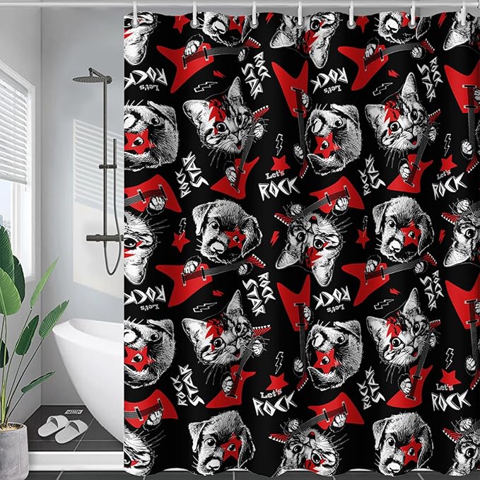 AILONEN Kitten and Puppy Shower Curtain,Rock Kitten Puppy Bath Curtains for Kids Boys Girls,Animal Polyester Waterproof with 12 Plastic Hooks 72" W*78" H