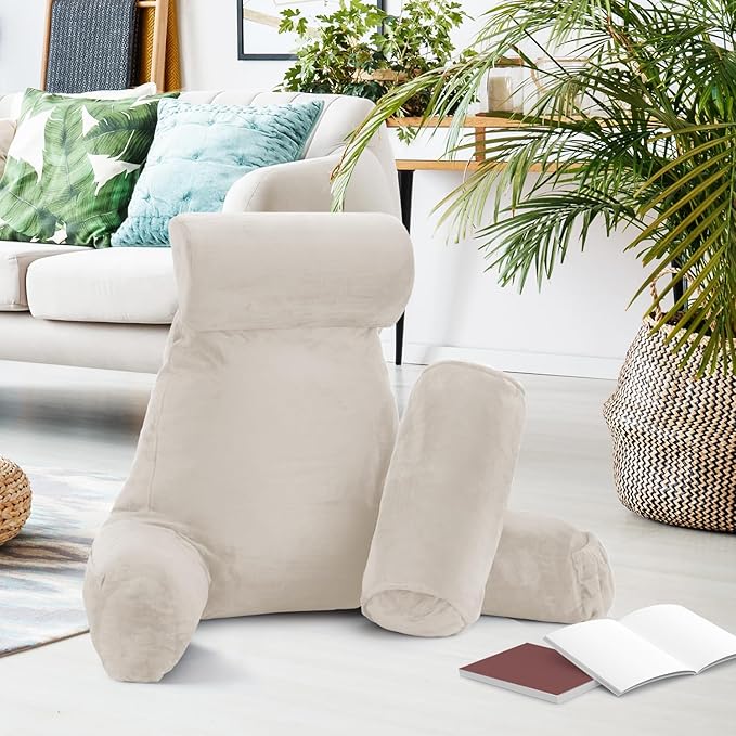 Nestl Reading Pillow Large Bed Pillow, Back Pillow for Sitting in Bed Shredded Memory Foam Chair Pillow, Reading & Bed Rest Pillows Linen Back Pillow for Bed, Bed Chair Arm Pillow with Pockets